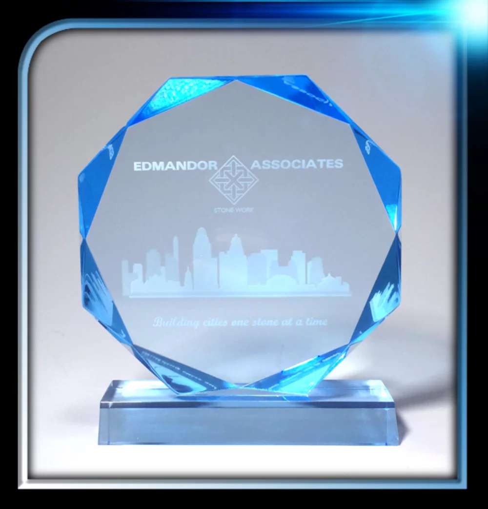 Executive Series Blue Faceted Edge Award w/Base (6" Diameter x 3/4")