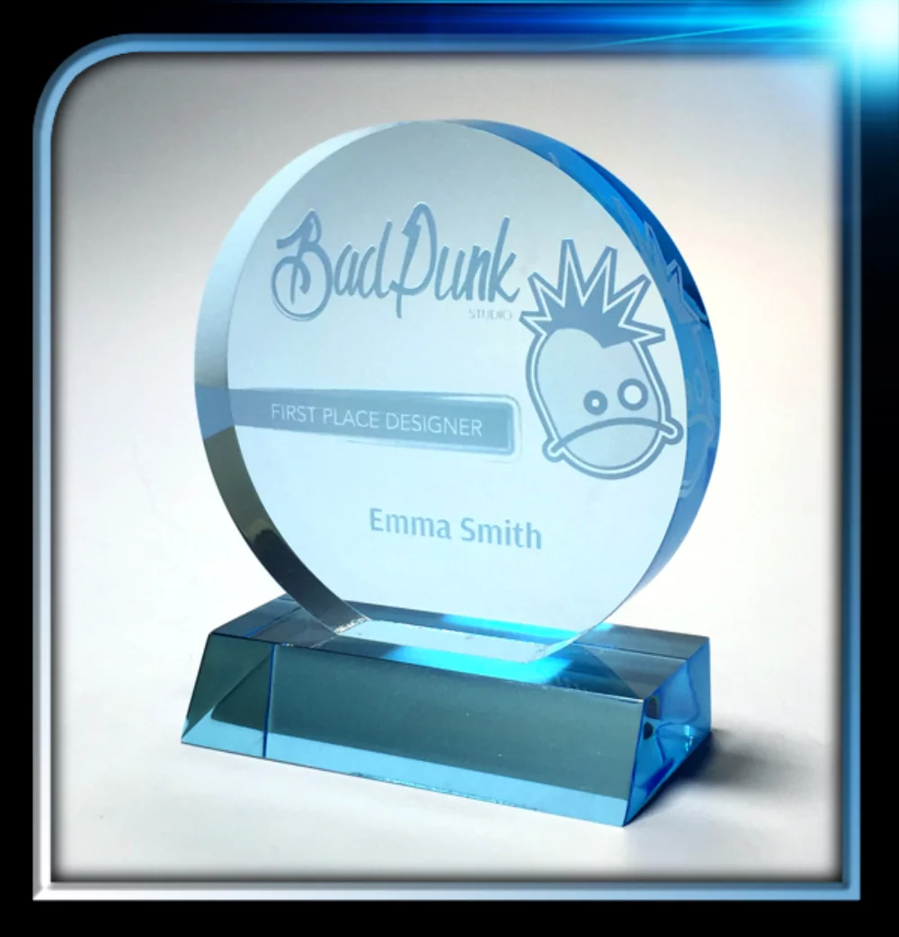 Série exécutive Prix rond bleu avec base (4" Dia.x3/4")