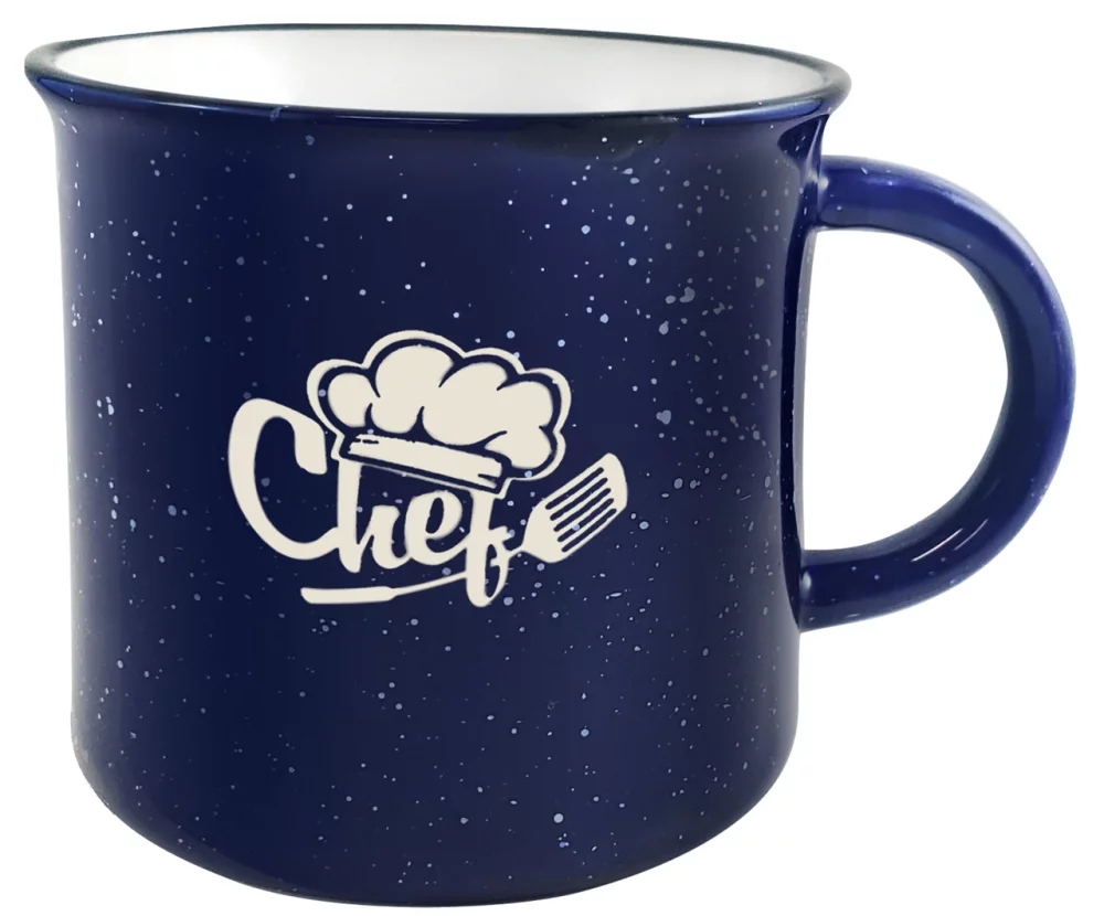 Tasse de 16 oz en cobalt/blanc pour feu de camp avec bordure noire usée et taches blanches dans une boîte cadeau Ripple - Gravure
