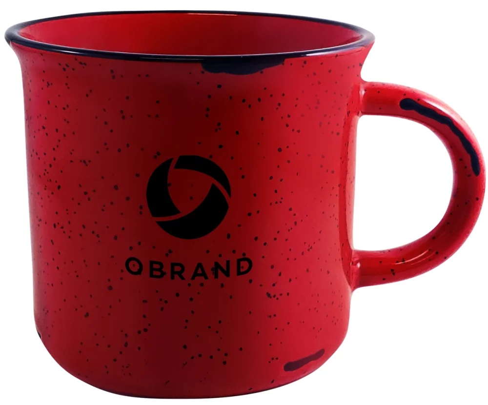 Tasse rouge de 16 onces pour feu de camp avec bordure noire usée et éclaboussures blanches dans une boîte cadeau Ripple