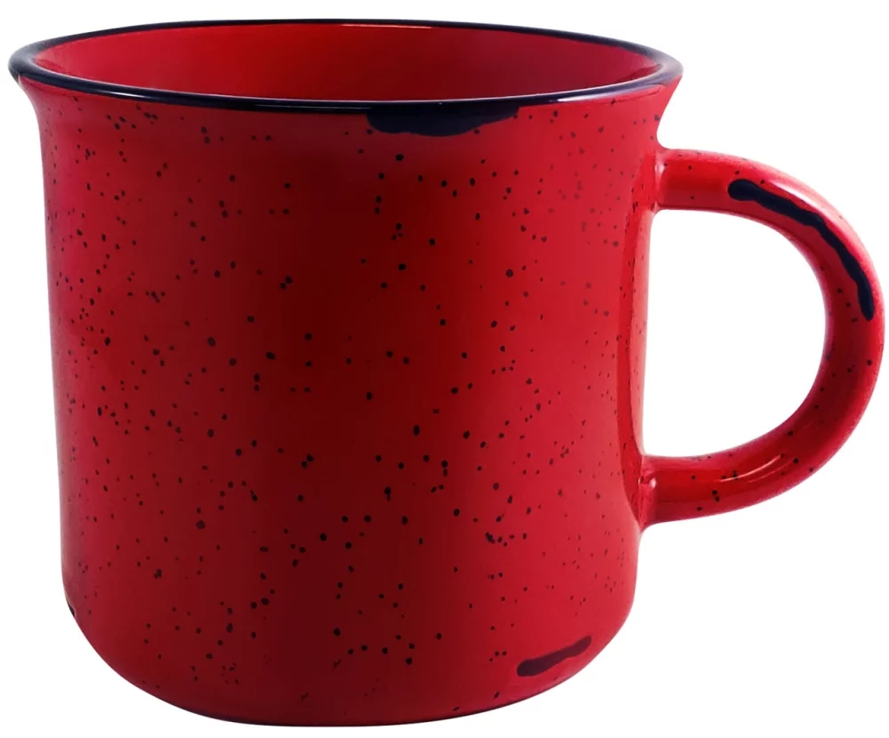 Campfire 16oz red mug with black distress trim white speckles in Ripple gift box - Etched