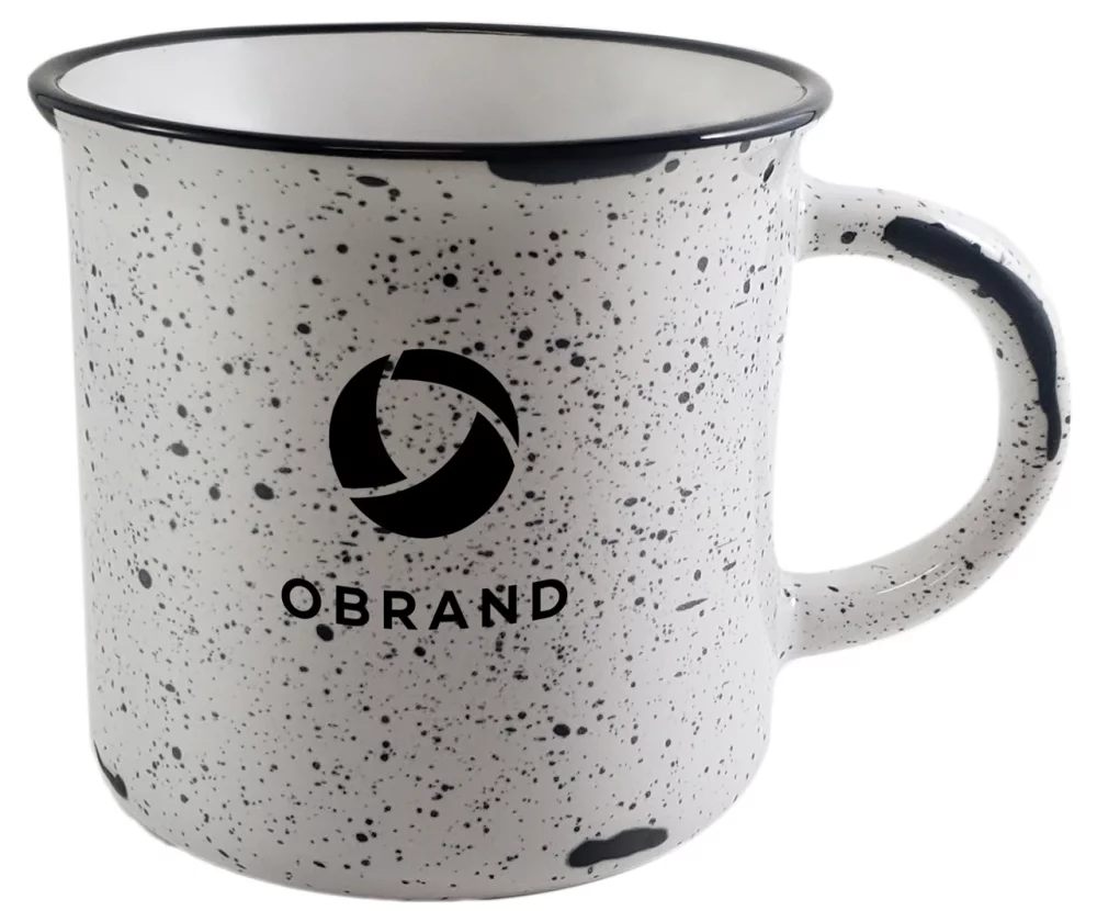 Campfire 16oz white mug with black distress trim black speckles in Ripple gift box