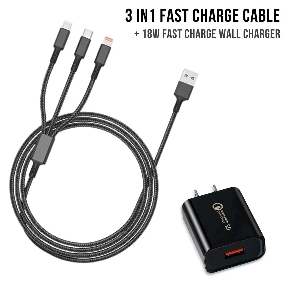 Chargeur mural 18w + kit de câble de charge rapide 3-en-1