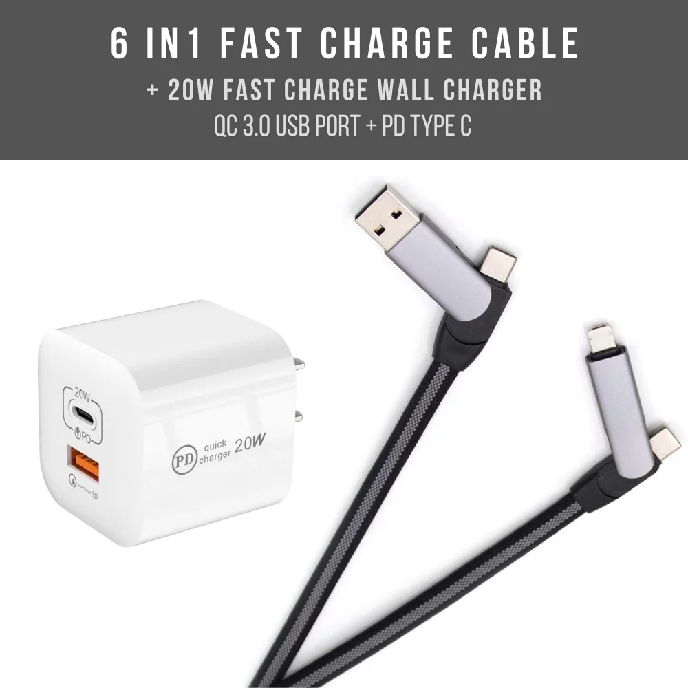 Chargeur mural PD 20W + kit câble de charge rapide 6-en-1