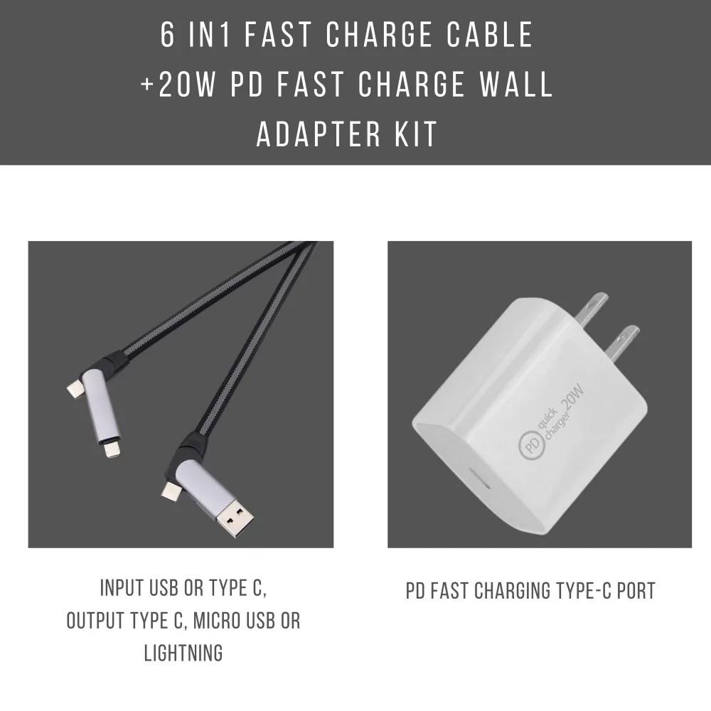 Chargeur mural PD 20W + kit de câble de charge rapide 6 en 1