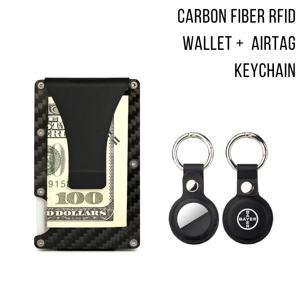 Ensemble cadeau portefeuille RFID en fibre de carbone + porte-clés AIRTAG