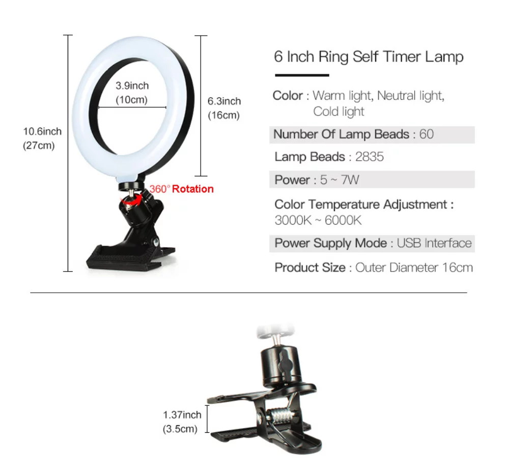 6" Ring Light CLIP ON