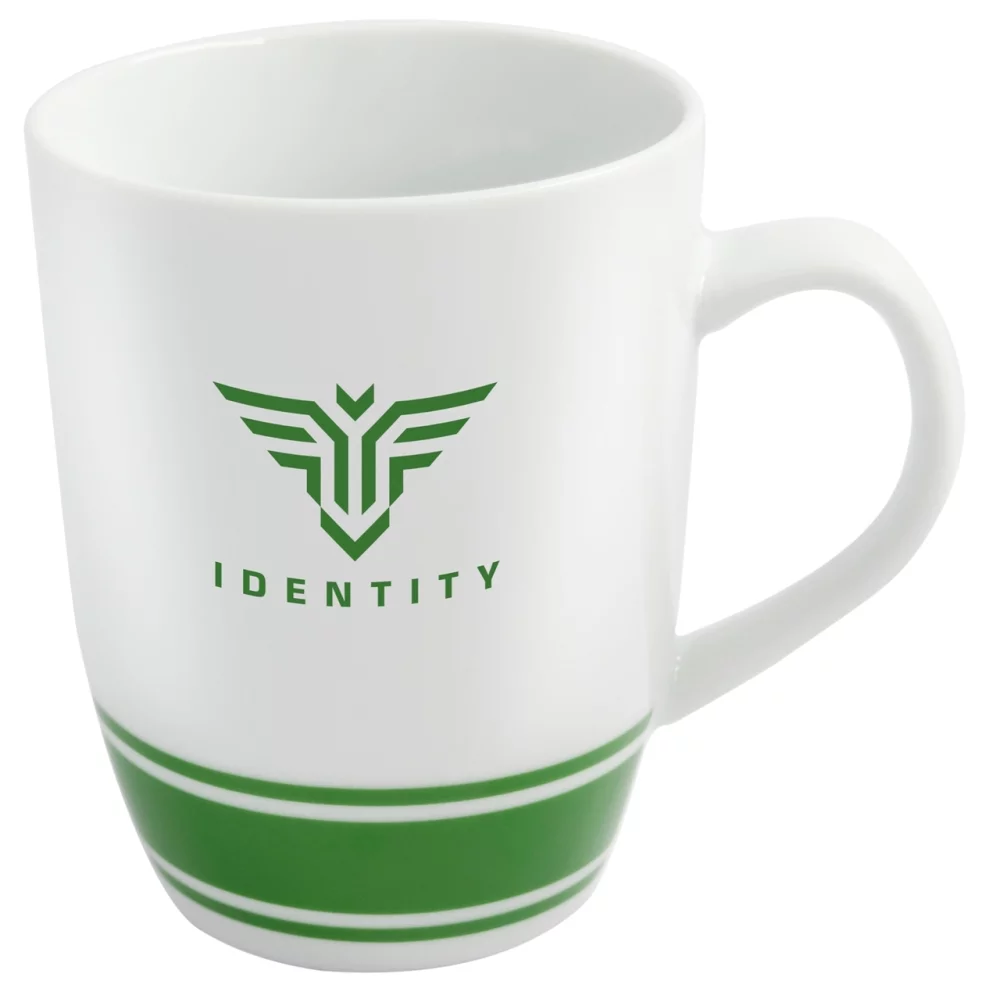 Deux tasses blanches et vertes de 12 onces chacune.