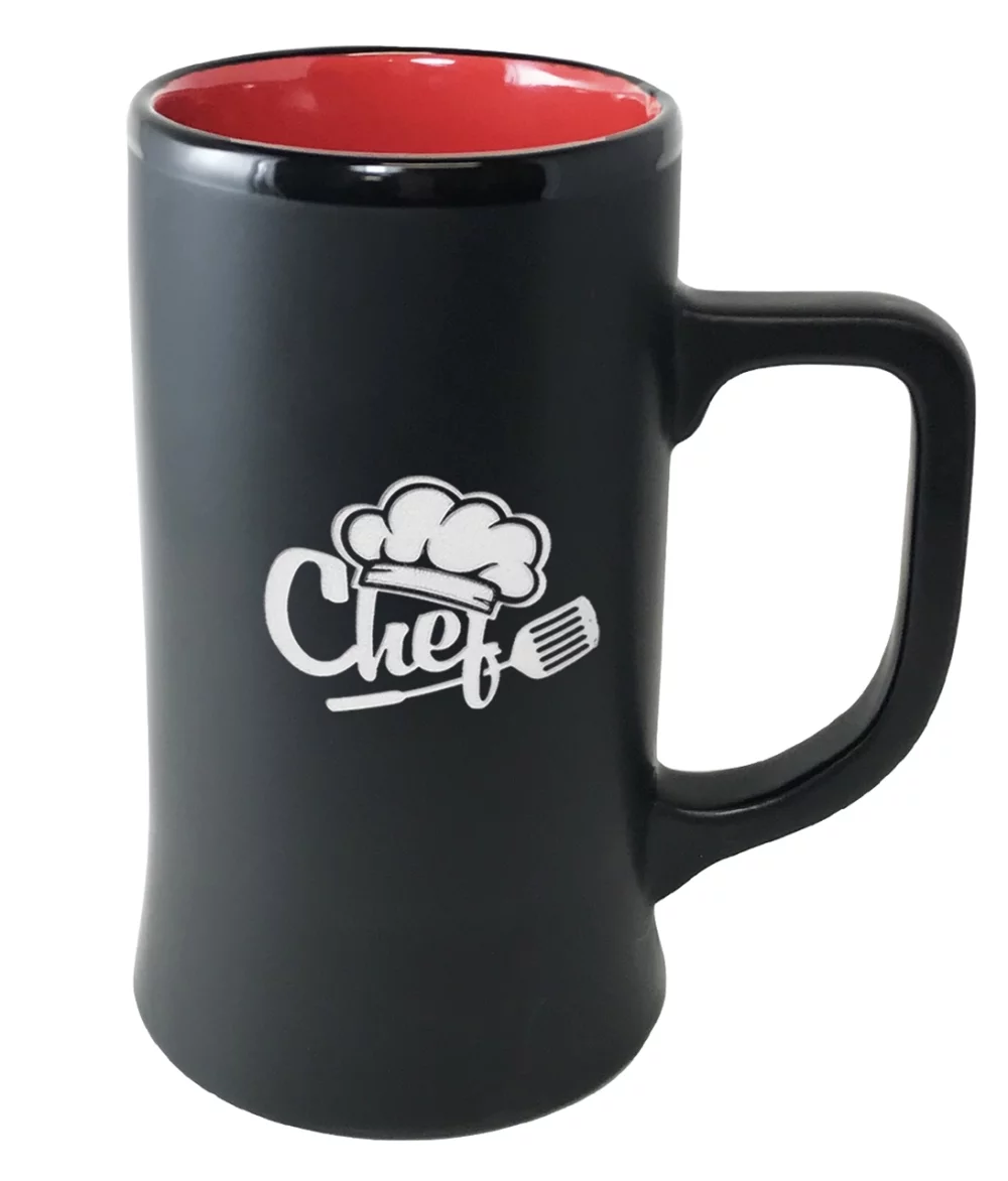 Cambria 14oz ceramic stein matte black with red interior in Ripple gift box - Etched