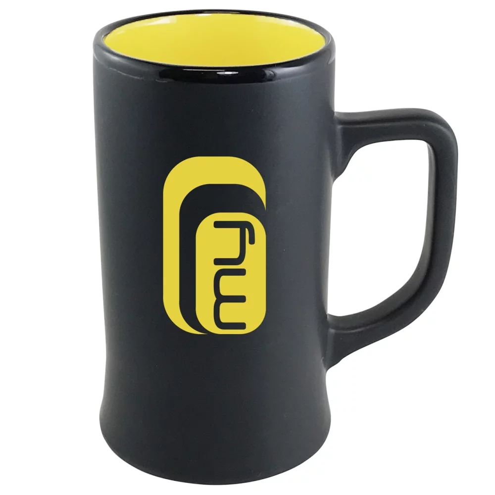 Chope en céramique Cambria de 14 oz, finition noire mate avec intérieur jaune, dans une boîte cadeau Ripple.