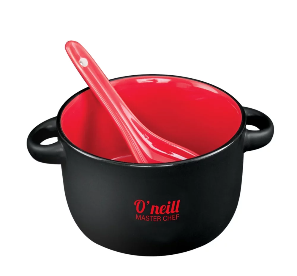 Bol bicolore noir/rouge Hilo de 12,5 oz avec cuillère dans une boîte cadeau Black Leaf.