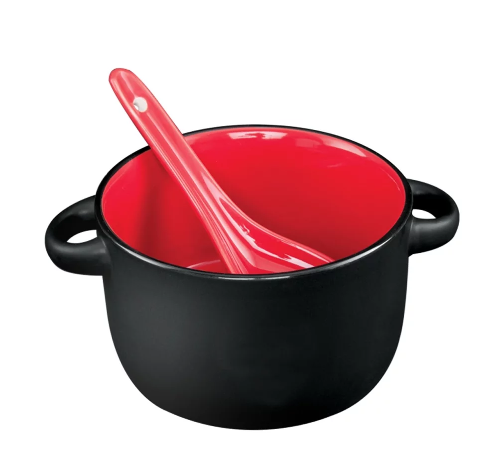 Bol bicolore noir/rouge Hilo de 12,5 oz avec cuillère dans une boîte cadeau Black Leaf.