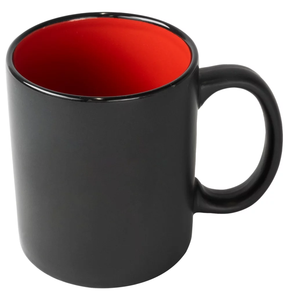 Tasse bicolore noir/rouge de 11 oz en craie dans une boîte cadeau marron à ondulations