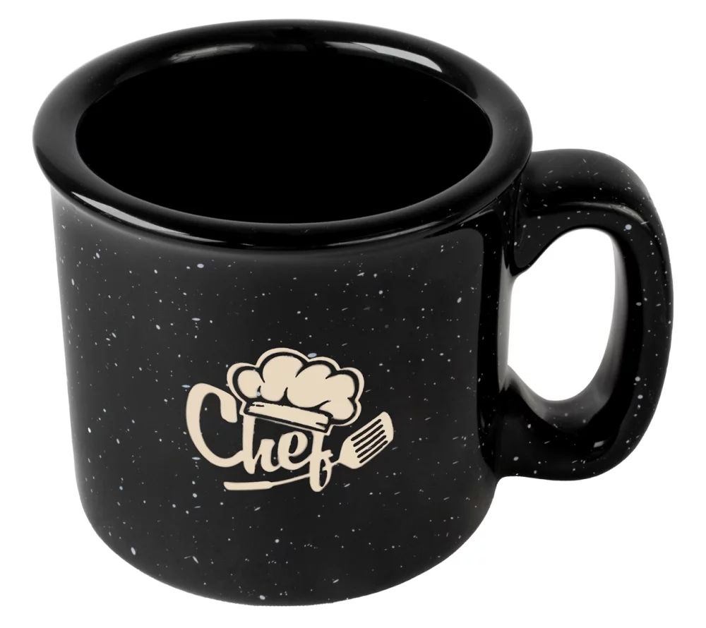 Tasse de camping de 15 oz en noir moucheté - Gravée