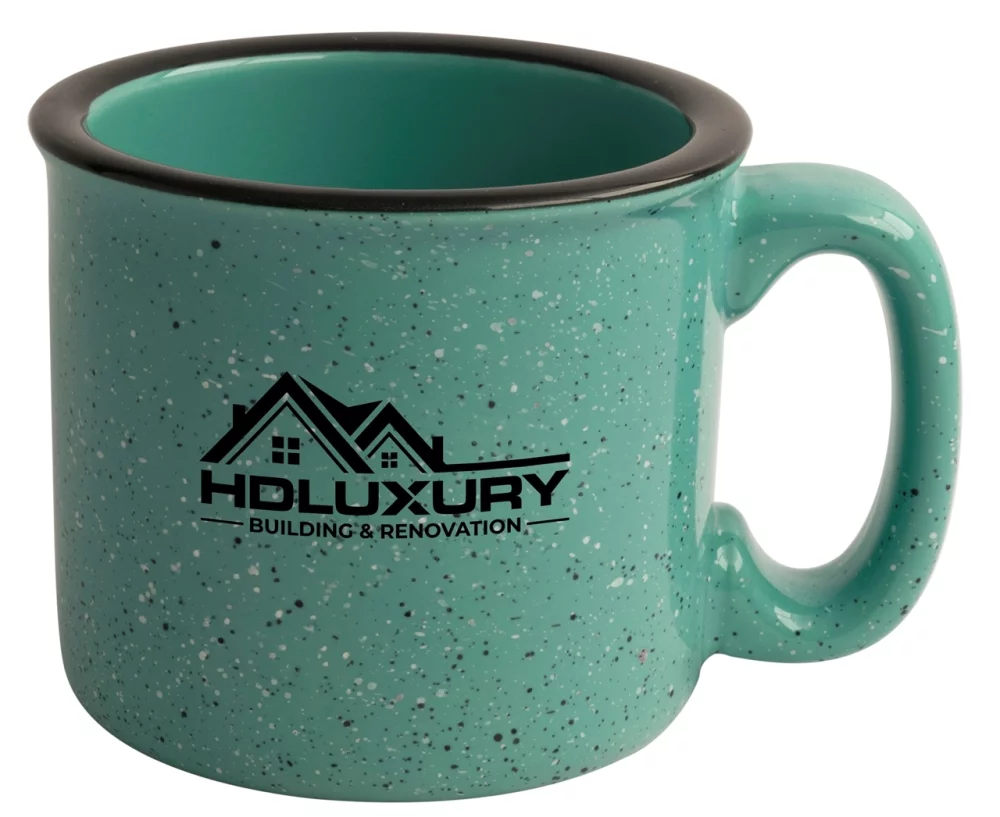 Santa Fe 15oz speckled/aqua mug with black rim