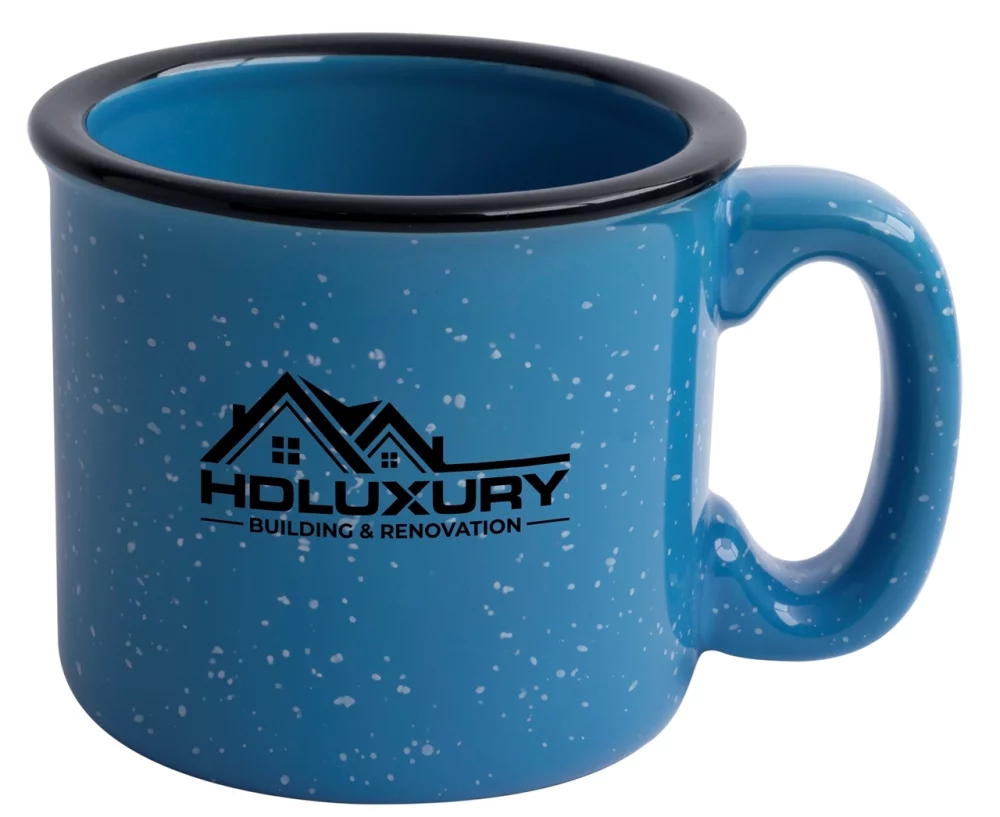Santa Fe 15oz speckled/sky blue mug with black rim