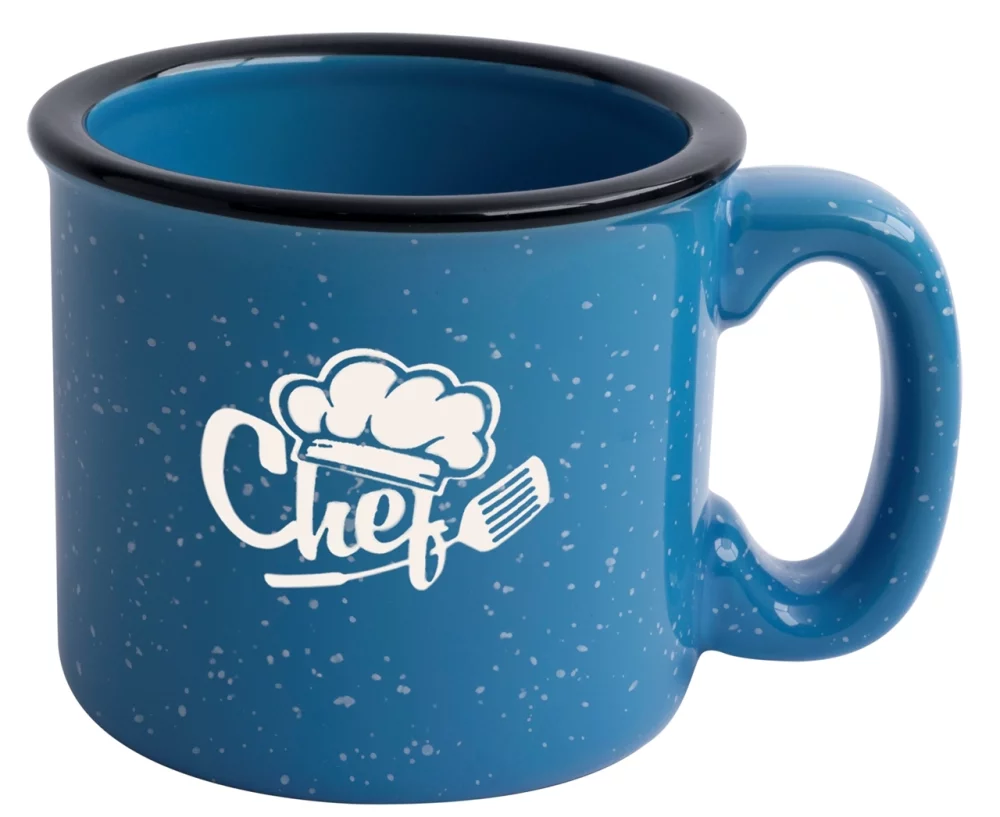 Tasse Santa Fe de 15 oz tachetée/bleu ciel avec bord noir - Gravée