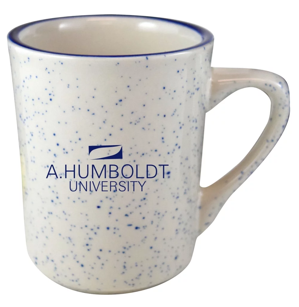 Chester 8.5oz cream colour vitrified ceramic mug with blue speckles and rim