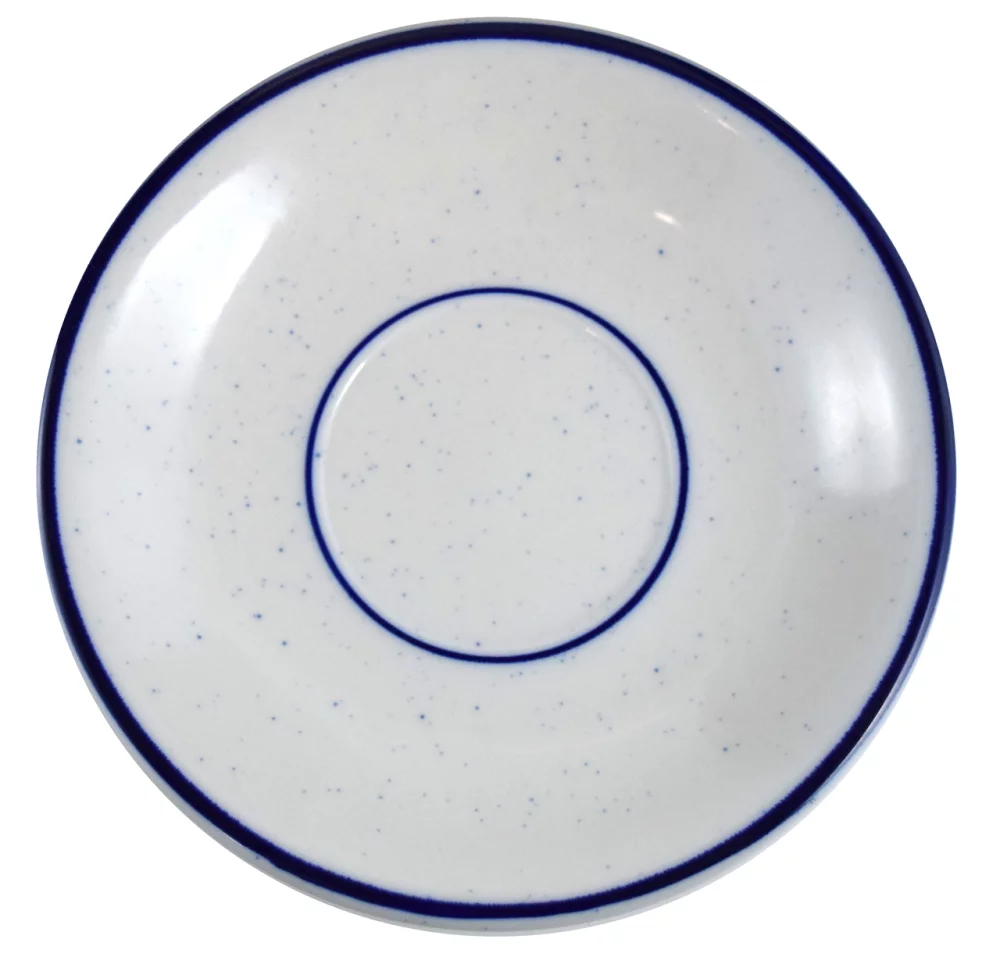 Saucer de 6 pouces en céramique de couleur crème avec des taches bleues et un rebord.