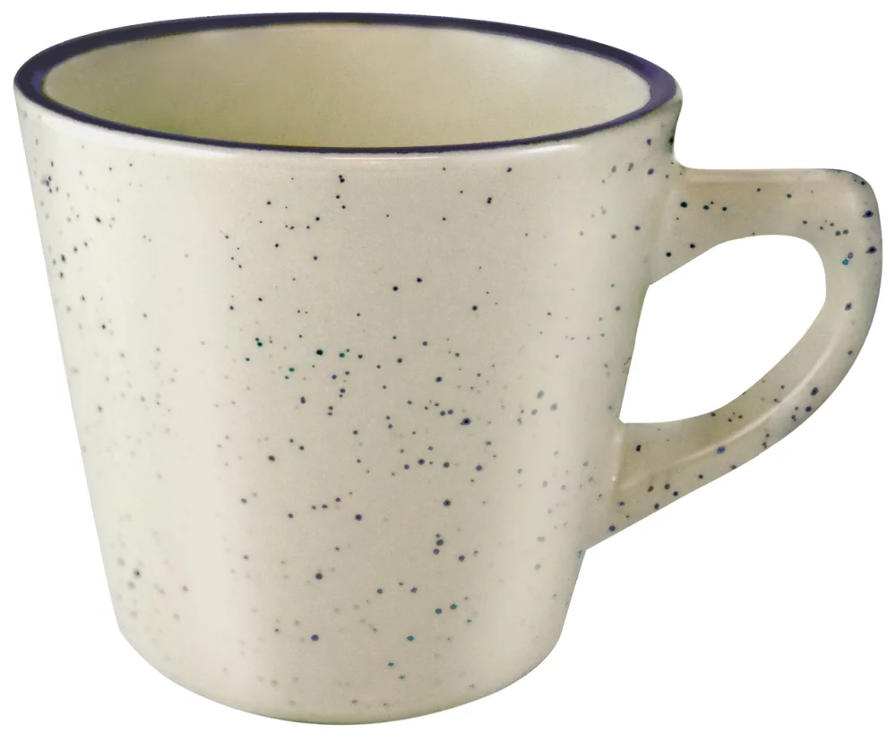 Browning 7oz cream colour vitrified ceramic mug with blue speckles and rim