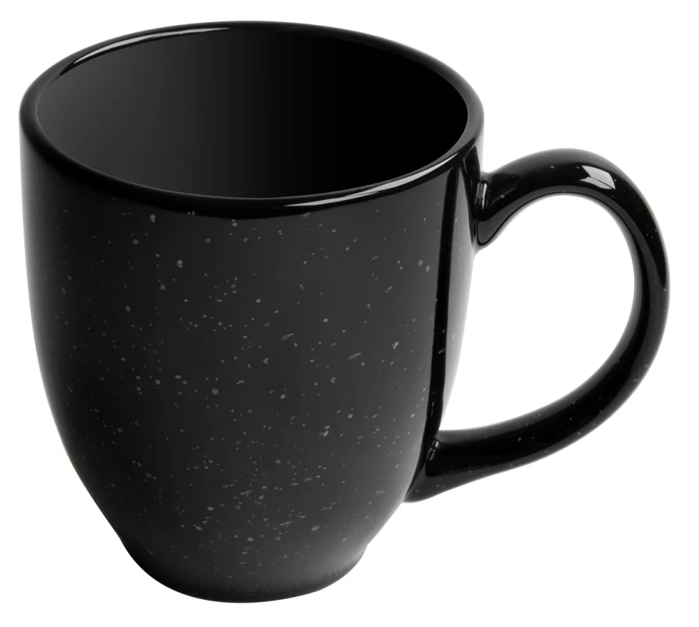 Tasse en céramique de 16 oz du Speckled Bistro, noir avec des taches blanches.