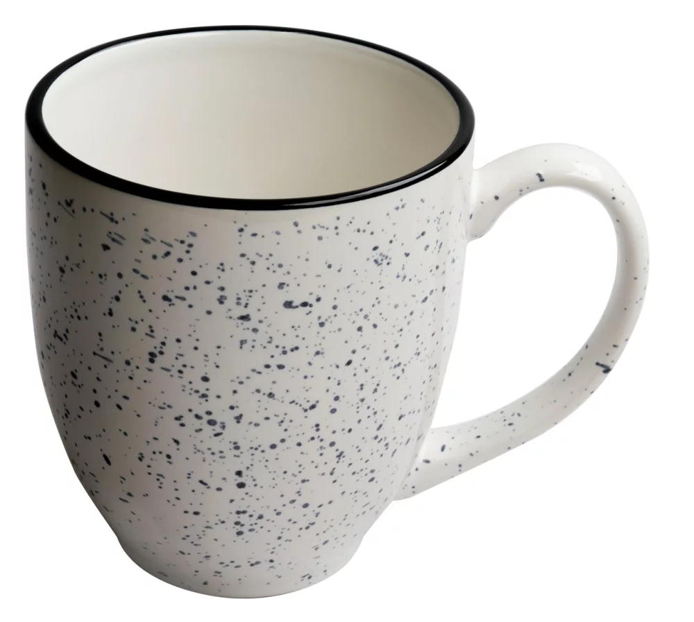 Bistro tacheté 16 oz en céramique blanc avec des taches noires.