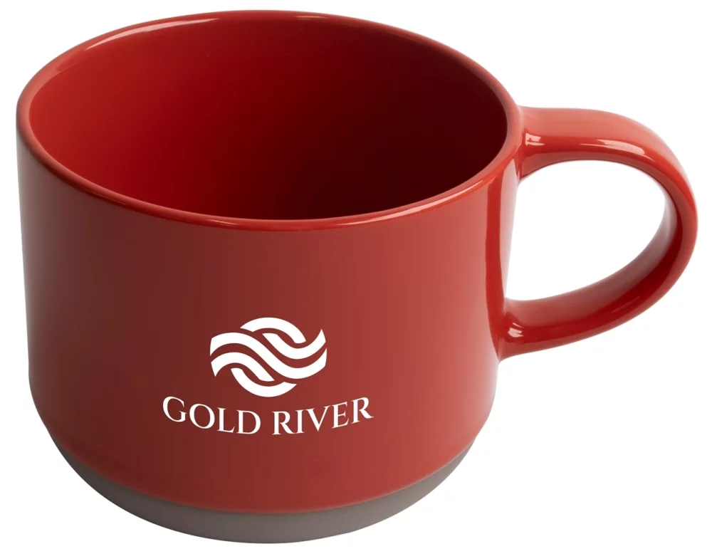 Mug Alana de 17 oz en rouge/gris avec bordure inférieure dans une boîte cadeau Ripple.