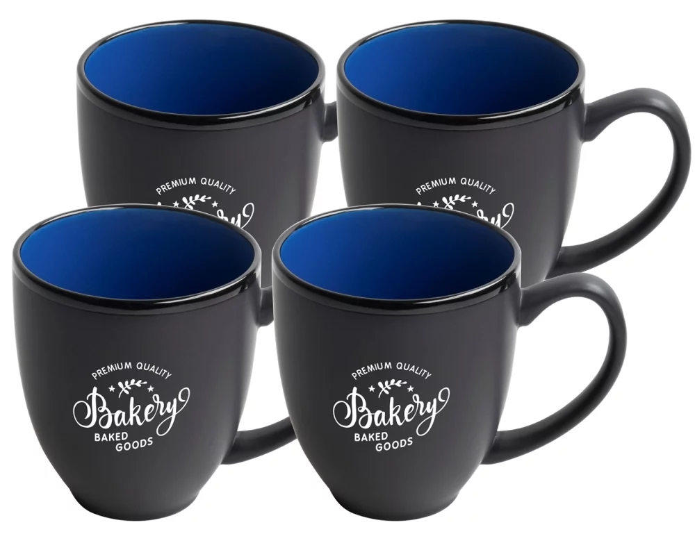 ~ Ensemble de 4 tasses bistro de 16 oz en noir/bleu bicolore dans une boîte cadeau Raven