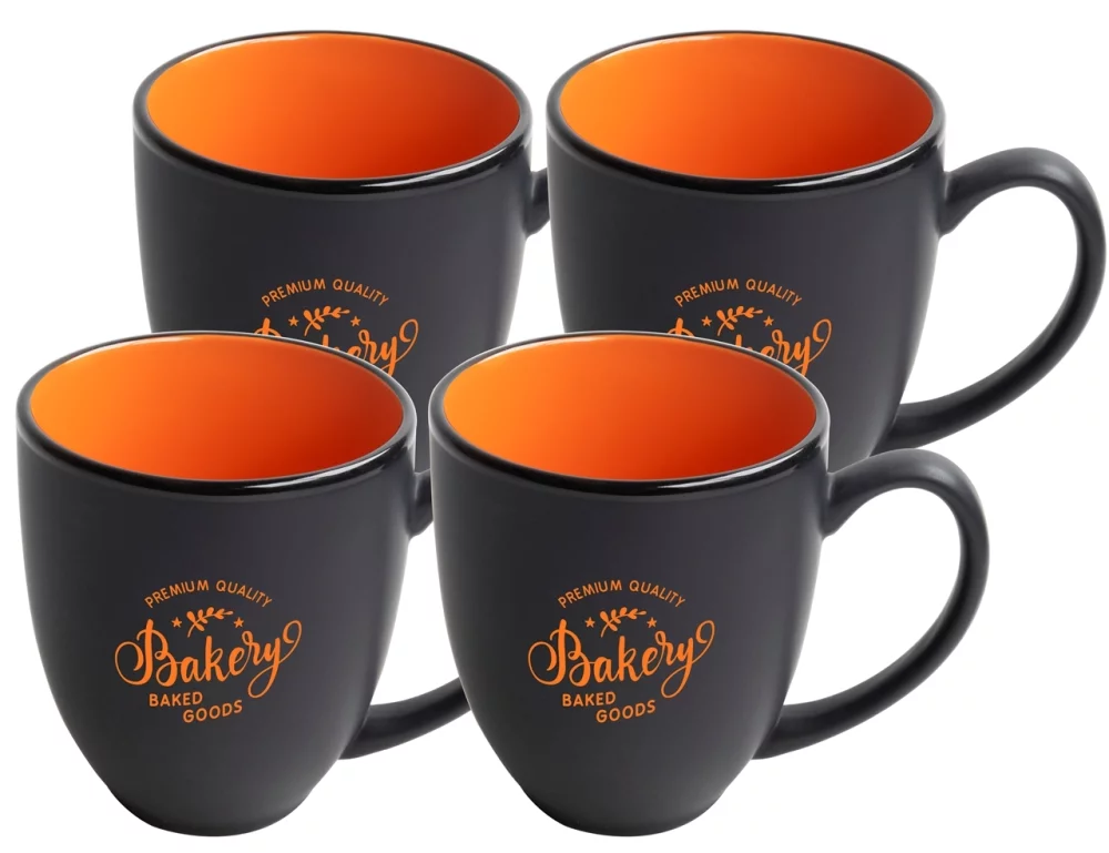 ~ Mug bistro 16 oz bicolore noir/orange ensemble de 4 dans une boîte cadeau Raven