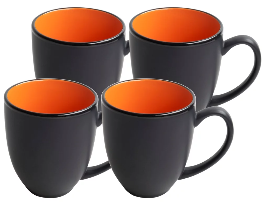 ~ Mug bistro 16 oz bicolore noir/orange ensemble de 4 dans une boîte cadeau Raven