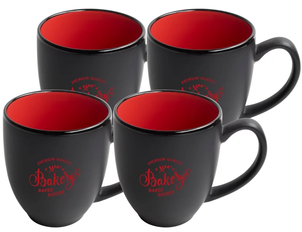 ~ Ensemble de 4 tasses bistro de 16 oz en noir/rouge 2 tons dans une boîte cadeau Raven