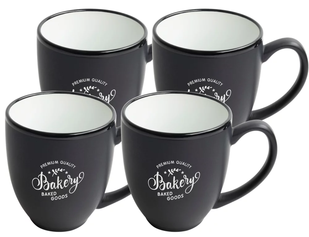 ~ Mug bistro 16 oz noir/blanc bicolore ensemble de 4 dans une boîte cadeau Raven