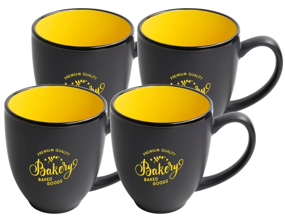 ~ Mug bistro 16 oz bicolore noir/jaune S/4 dans une boîte cadeau Raven