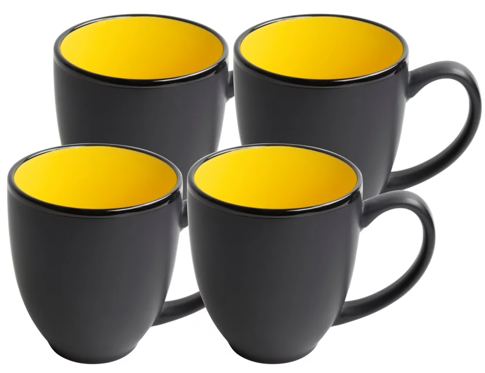~ Bistro 16oz 2tone black/yellow mug S/4 in Raven gift box
