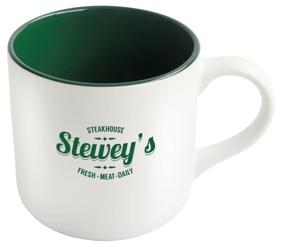 Angora 14oz 2tone white/dark green mug in a Ripple gift box