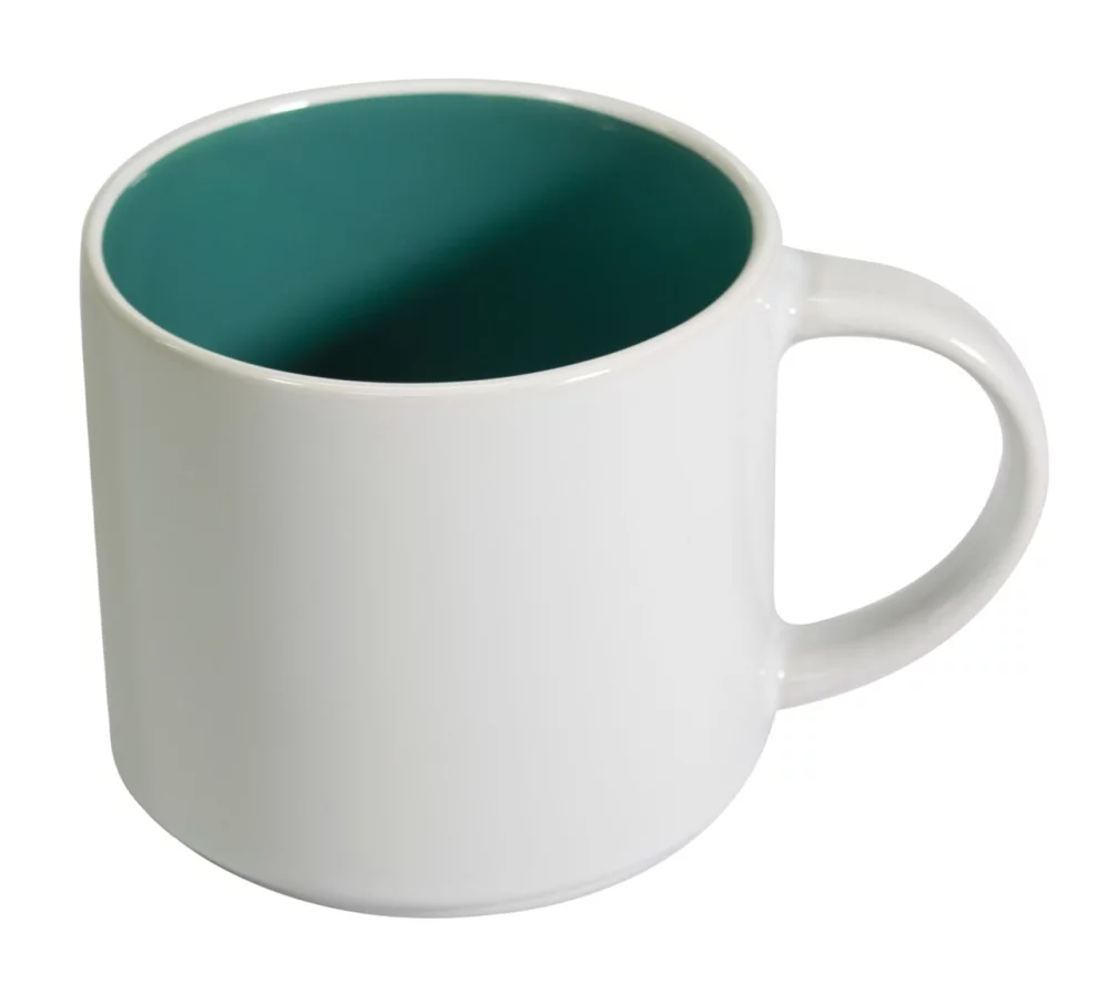 Tasse en céramique bicolore blanc/bleu sarcelle de 14 oz de Brighton dans une boîte Ripple.