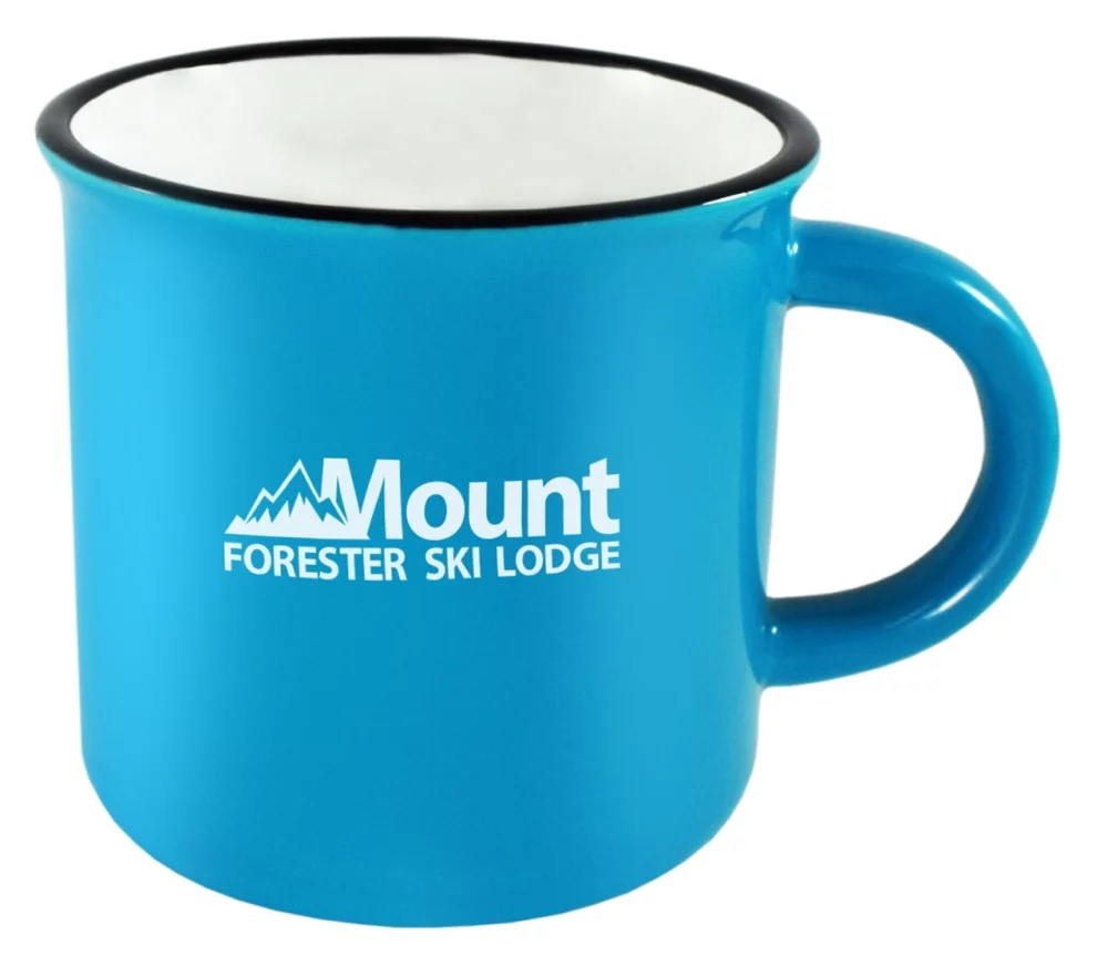 Tasse de 16 oz bleue/blanche Fireside avec bordure noire dans une boîte cadeau Ripple.