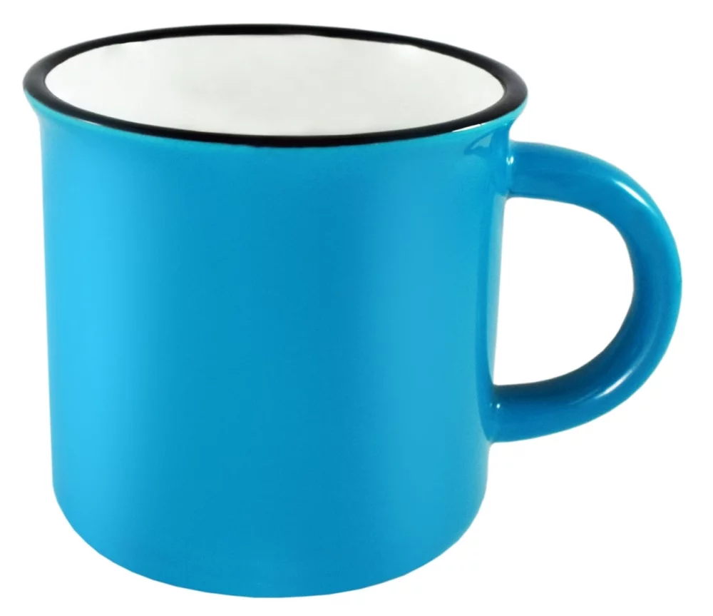 Tasse de 16 oz bleue/blanche Fireside avec bordure noire dans une boîte cadeau Ripple.