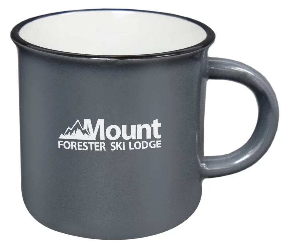 Tasse de 16 oz gris/blanc Fireside avec bordure noire dans une boîte cadeau Ripple