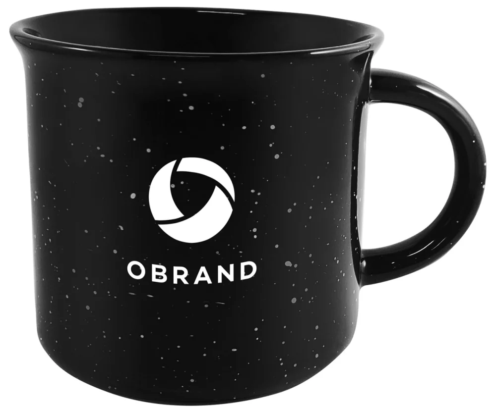 Campfire 16oz black mug with black distress trim white speckles in Ripple gift box