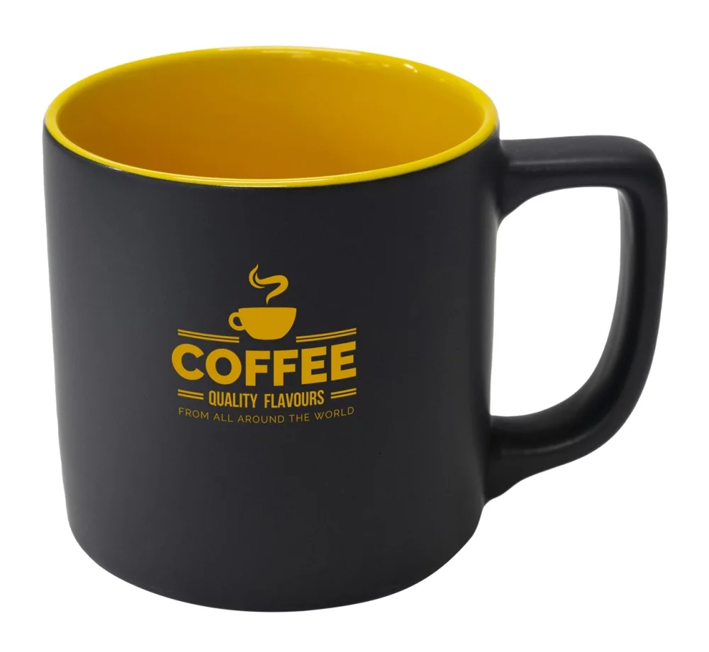 Mug en céramique mat bicolore noir/jaune Arcadian 16 oz dans une boîte Ripple.