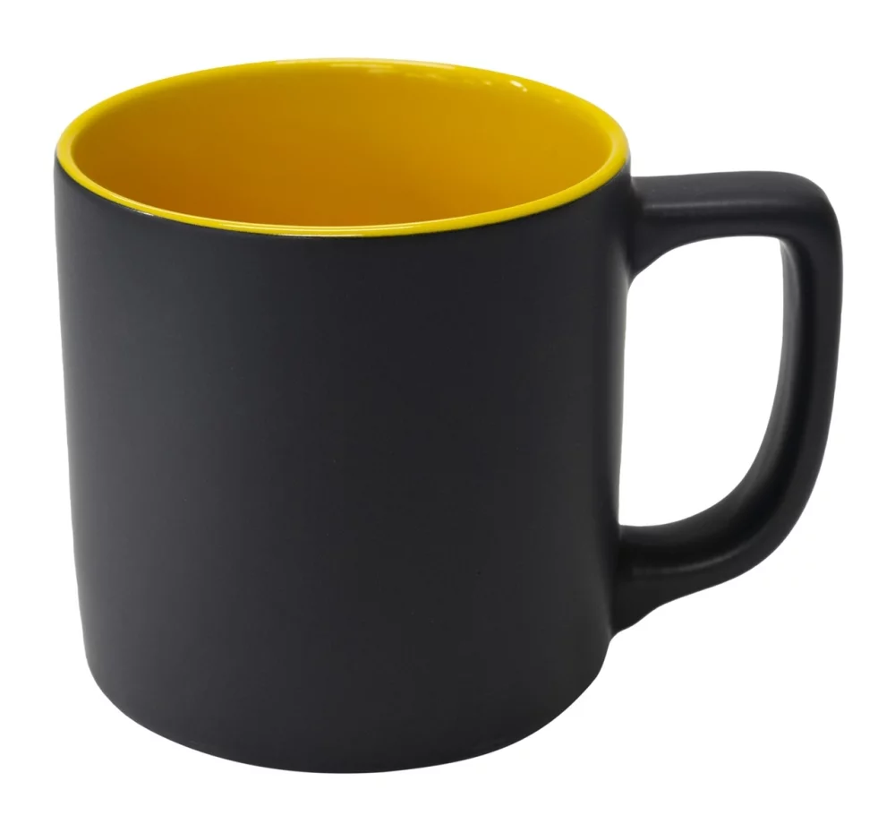 Mug en céramique mat bicolore noir/jaune Arcadian 16 oz dans une boîte Ripple.