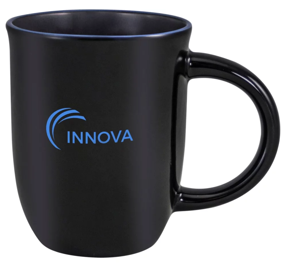 Salem 14oz black gloss mug with ocean blue trim