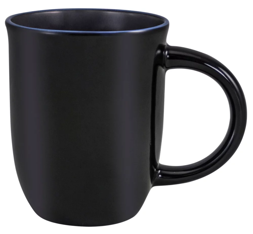 Tasse noire brillante Salem 14 oz avec bordure bleu océan - Gravée
