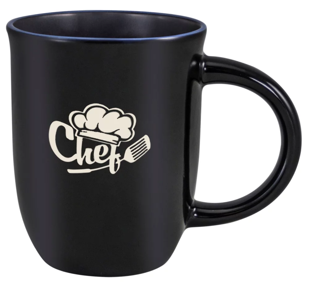 Tasse noire brillante Salem 14 oz avec bordure bleu océan - Gravée