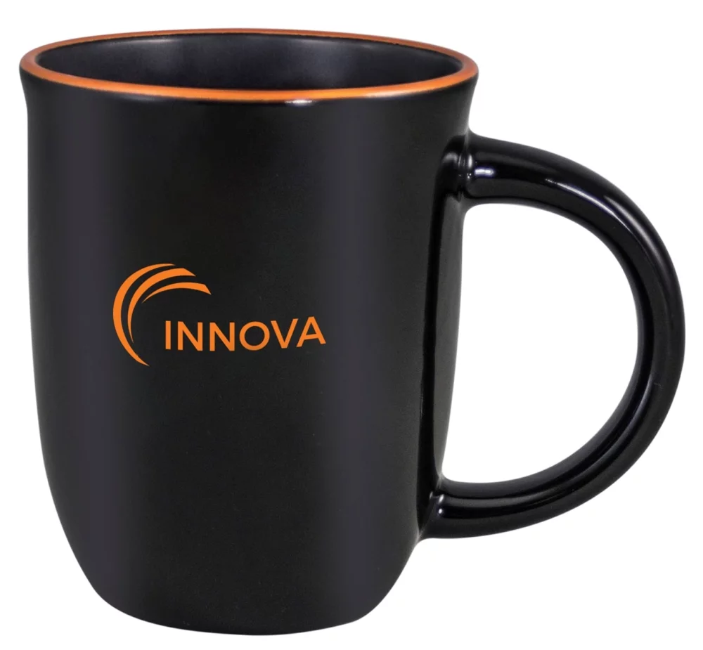 Tasse Salem 14 oz en noir brillant avec bordure orange