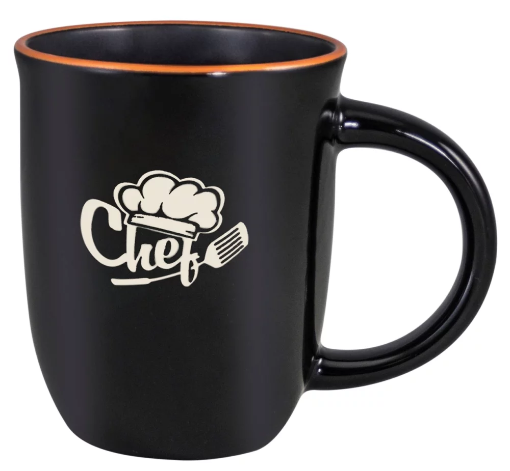 Salem 14oz black gloss mug with orange trim - Etched