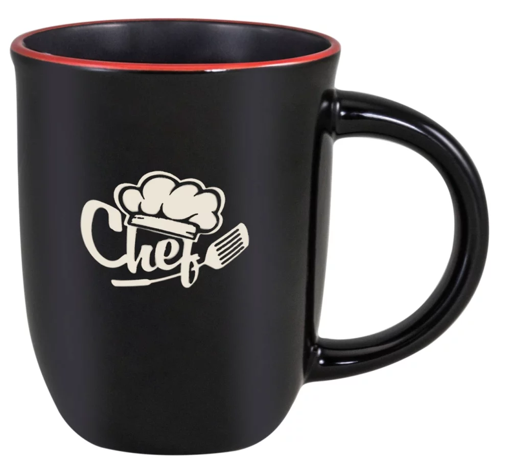Salem 14oz black gloss mug with red trim - Etched