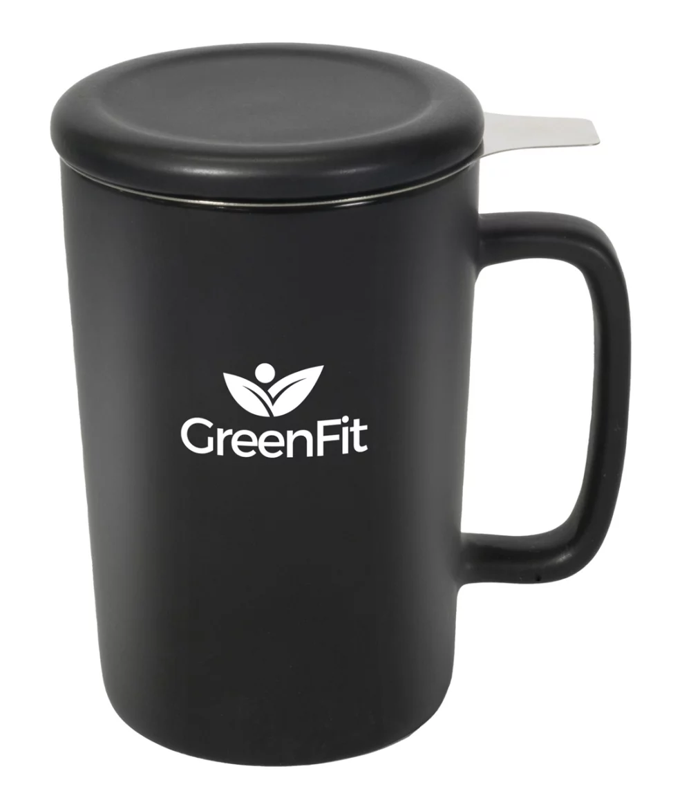 Mug en céramique noire Ceylan de 13 oz avec couvercle et filtre à thé en acier inoxydable dans une boîte cadeau Ripple.