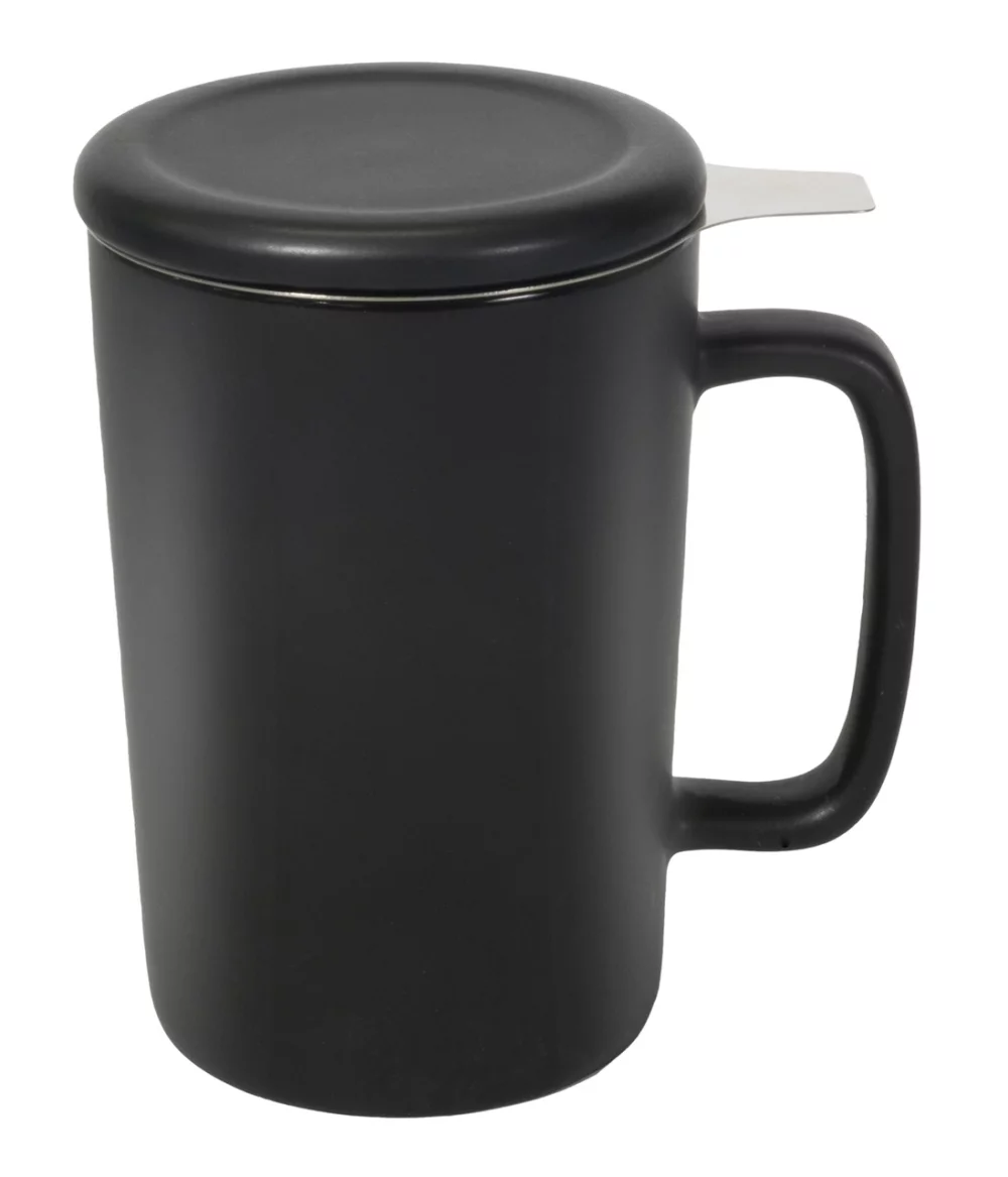 Ceylon 13oz black ceramic mug with lid & stainless steel tea strainer in Ripple gift box